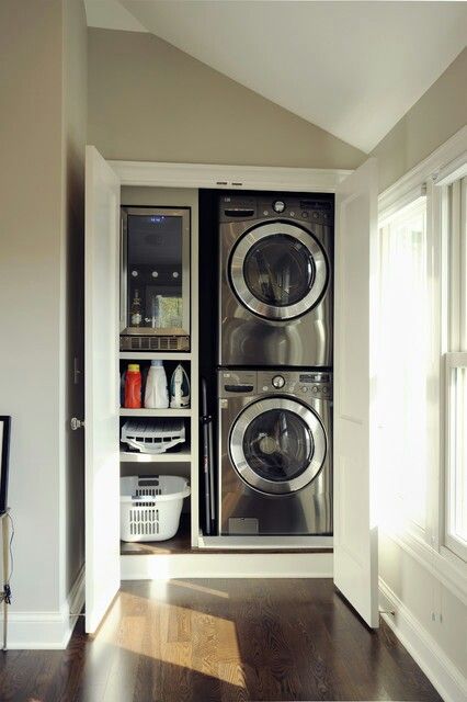 Layout for Utility room for a hallway or small space. Stack washer/dryer...pros & cons to this