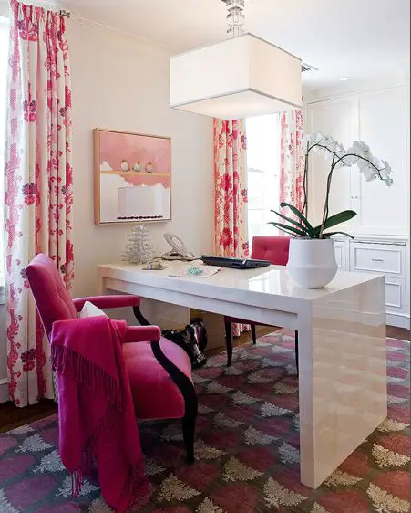 Designed by Carter & Company - love the Quadrille Henriot Floral curtains and the white lacquer desk: 