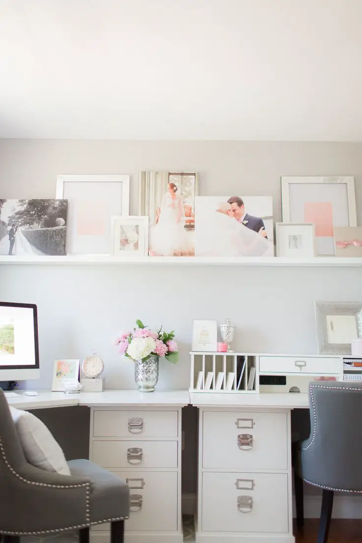 Pink & gray home office Photography: Deborah Zoe Photography - www.facebook.com/deborahzoephotography Read More: http://www.stylemepretty.com/living/2014/10/02/pink-gray-home-office/