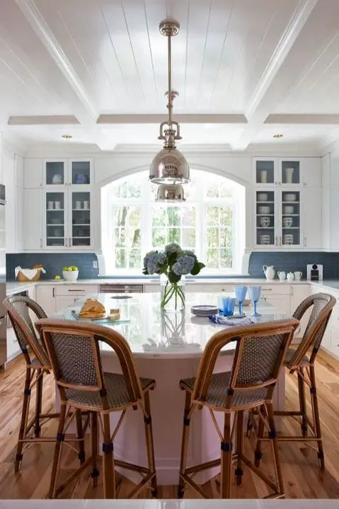 Gorgeous window and pretty blue tiles - Celia Welch dine in kitchen island, on Centsational Girl