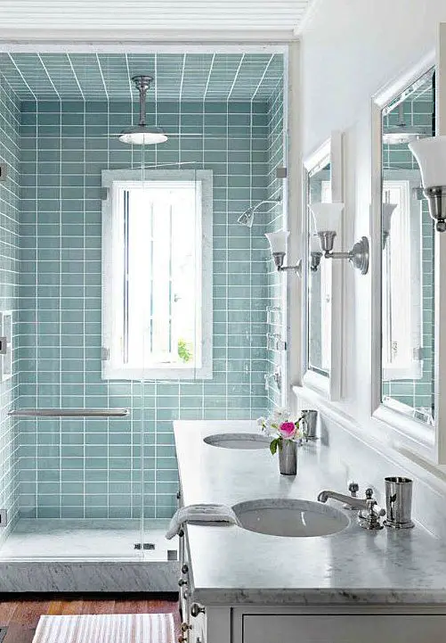 I like the wood floor and the aqua tiles and most of all, seeing that window inside the shower unit, because we have a window there and I don't want to lose it when we remodel.