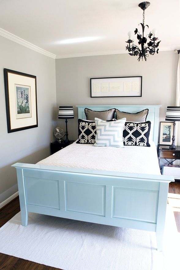 light gray, light blue, and dark accents. #bedroom #DIY