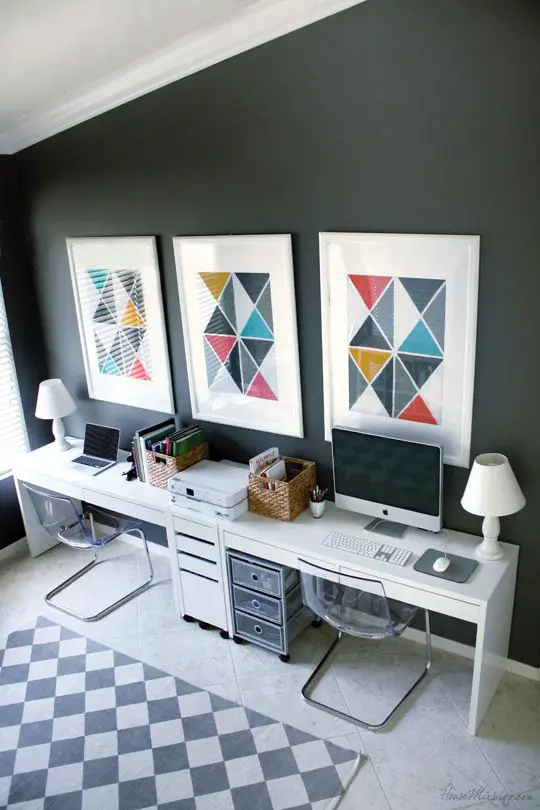 Home office and play area in one — Ikea Micke desks (.99), Tobias chairs, and Benjamin Moore Kendall Charcoal gray walls: 