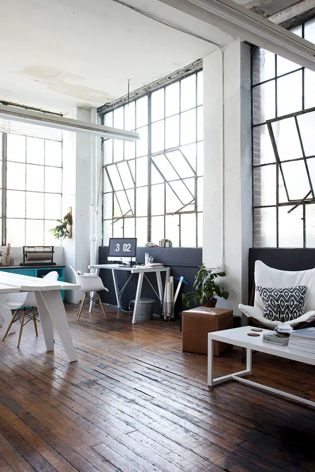 old plank floors and big open windows. dream office space // #industrial #warehouse