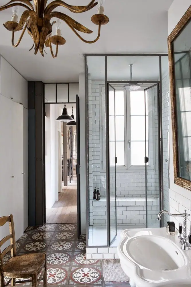 I like the wood floor and the aqua tiles and most of all, seeing that window inside the shower unit, because we have a window there and I don't want to lose it when we remodel.