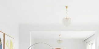 Simple - balanced - harmonious - color - white - area rug - arc lamp - pendant light