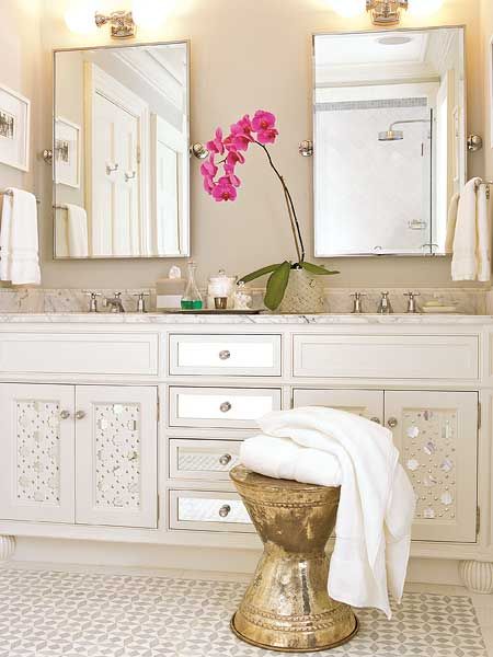 Mirrored doors, white tile, maybe gold stool for makeup vanity. | White Bathroom | Home | Interior | Design | Decoration | Organization |
