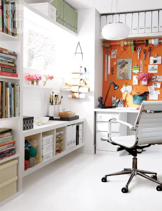 creative workspace home office. Fantastic way to organize and make lots of room in a very small or cramped room. Use vertical space for organization, filing, and storage.