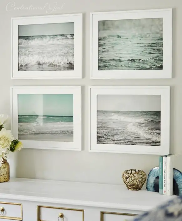 set of framed beach prints.  What a fresh alternative to framed prints of shells or fish to convey 'Beach!'  Love this.