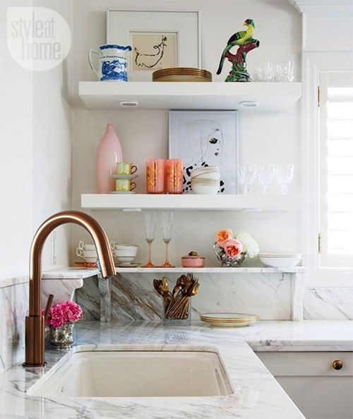 Open display shelving in the kitchen. Stylish use of a corner space via: Style at Home