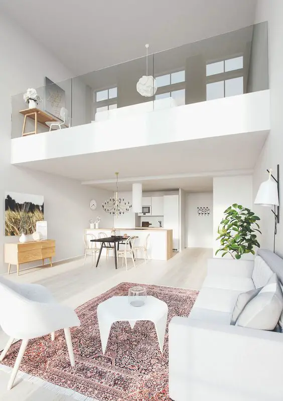 White, crisp, Persian rug, mezzanine, vide, glass partition, white chairs: 