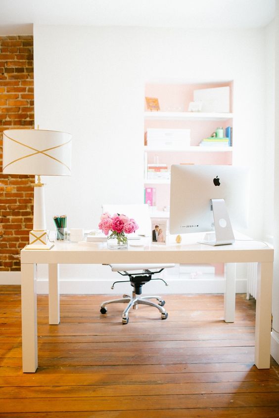 Sneak peek into Amber Thrane Of Dulcet Creative's chic, vintage-inspired office space featuring industrial-style shelving: 