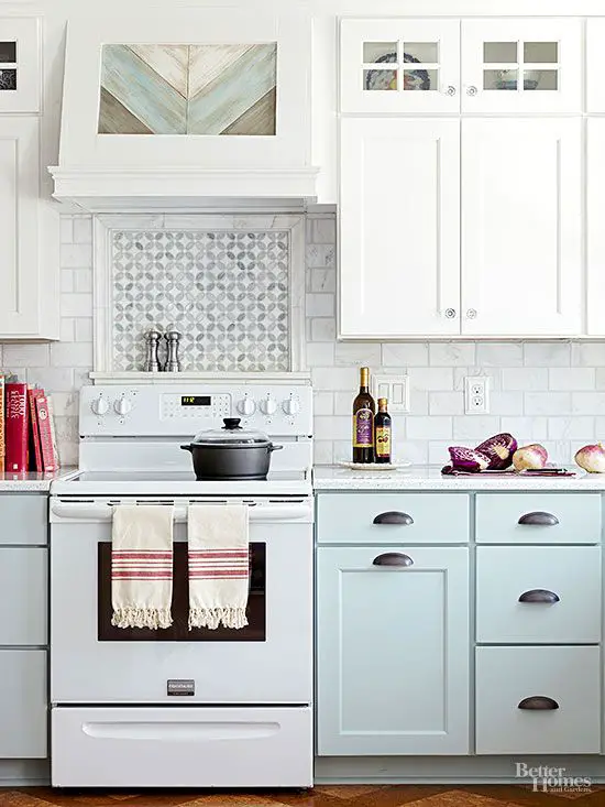 Tile can add a raised facet to a space to help boost visual interest. in this pastel kitchen, the backsplash tile -- a miniature mosaic bordered by a raised tile -- picks up on the cabinet details and offers a focal point behind the range.: 