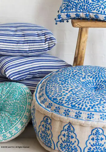 Nomad Embroidered Blue Linen Pouffe.