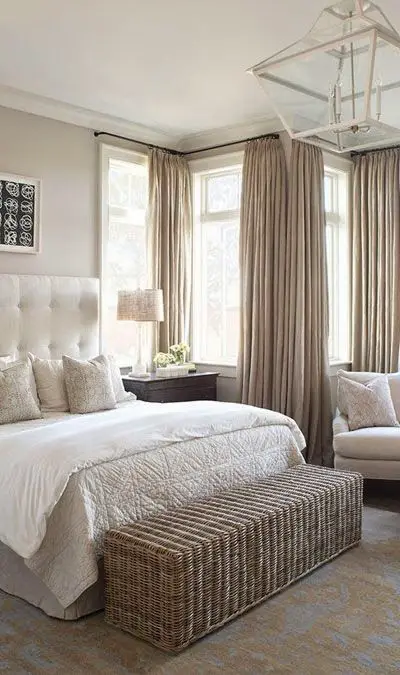 neutral calming master bedroom beige cream tufted headboard bed