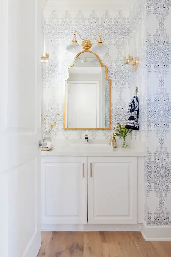 powder bath with aqua blue vanity and shiplap walls| Gordon James Construction | Grace Hill Design: 