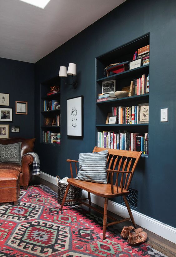 Oriental rugs blue wall home library