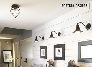 Farmhouse style Kid's Homework Area by Postbox Designs, $20 DIY rug tutorial, shiplap wall tutorial, no-sew curtain idea: 