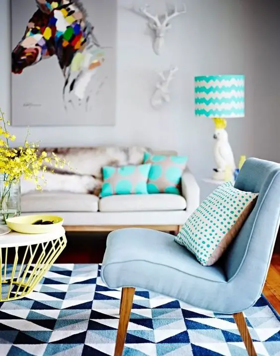 This is my dream Lounge room, from the Mozi Cockatoo Lamp, Deer Heads and the Horse Canvas, everything just works, it's chic, and a bit kitsch. Just the right amount of colour, pattern and texture. ~Sarah Cockatoo lamp. I want one!: 