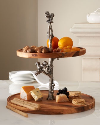 Two-Tier Tray with Squirrel Stem  Wood, cupcake or cheese stand.