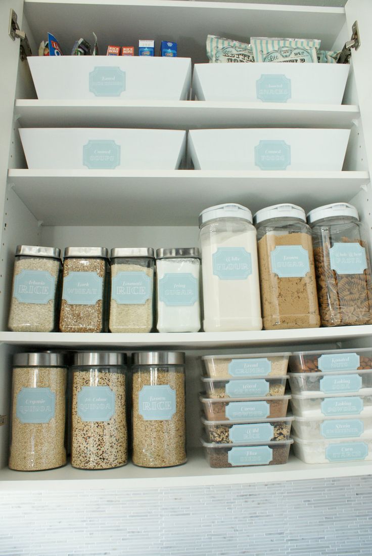 printable pantry labels and good storage idea -- I need to remember those flat containers on the bottom shelf