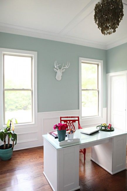 10 Gorgeous Home Office Makeovers Office makeover from Bower Power. Benjamin Moore Palladium Blue.