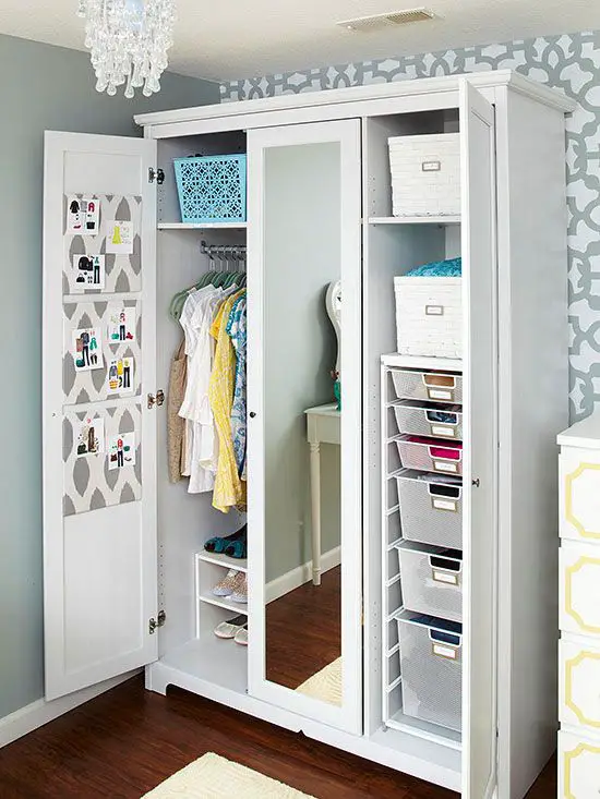 When it comes to hanging your clothing, if your space is lacking a built-in closet, a stand-in wardrobe can be just as effective. By adding in shelving, baskets, shoe racks, drawer units and even pin-boards for outfit inspiration, you have a custom closet solution tailored to your personal needs.