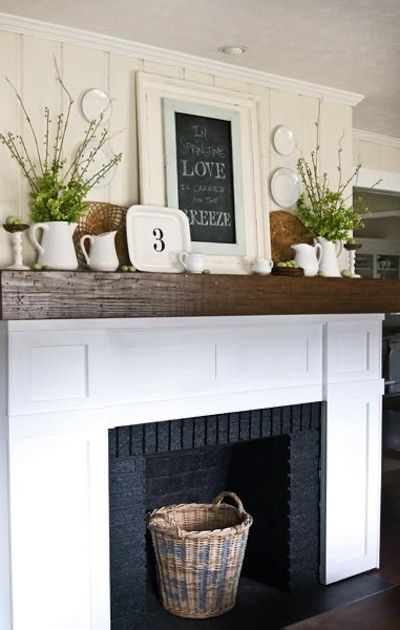 Mantel | Home | Design | Decor | Style | Fireplace...this looks very similar to our family room walls.  Like the chalkboard on the mantel