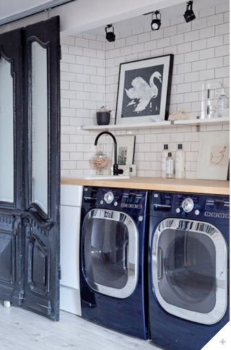 Laundry Nook or washroom- loving the navy blue washer and dryer and spotlight track.