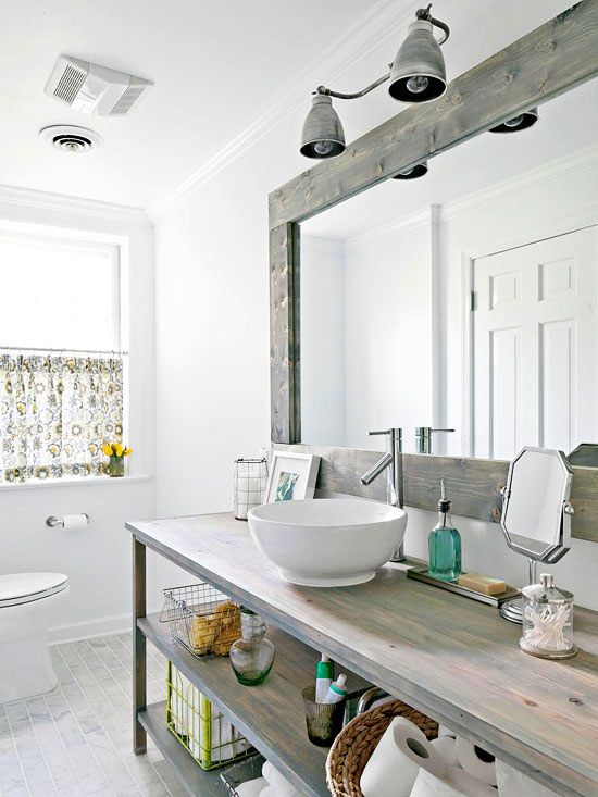 Love the #industrial and #rustic feel of this #bathroom, especially that mirror! @Better Homes and Gardens