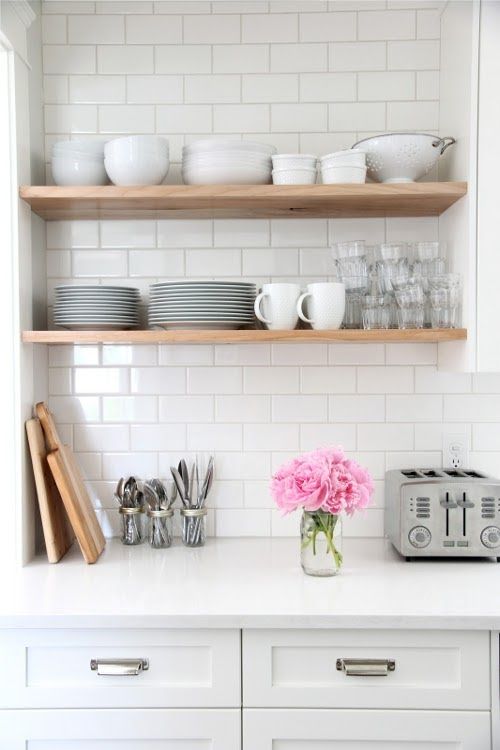 open shelves and subway tiles. Yes to the white cabinets and counters, too. Make the shelves white.