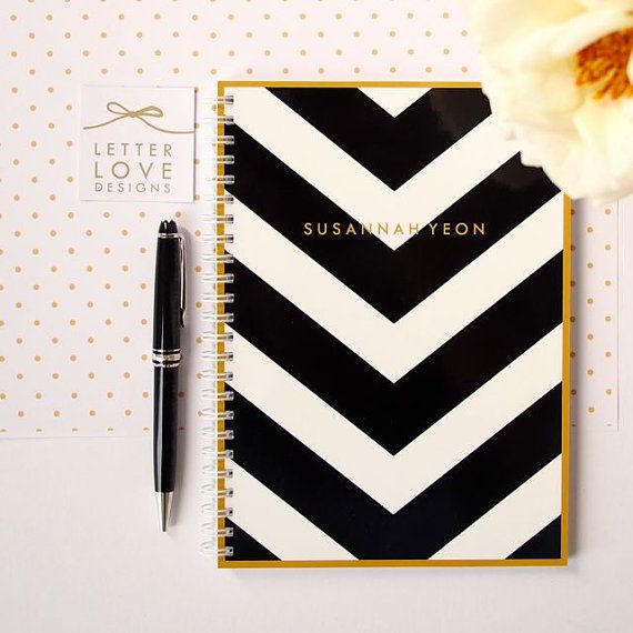 Personalized Notebook  V Stripe  Choose your by LetterLoveDesigns, .00  1. Colour of the stripe (pictured in black)  BLACK  2. Choice of personalization  LCJ   3. Colour of the personalization (pictured in brass)  BRASS  4. Choice of blank or lined pages (on the right hand side) BLANK