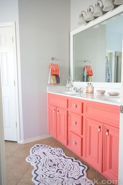 Paint Color-SW Agreeable Grey // Vanity Color-SW Coral Reef // Rugs, Towels & Hardware-Anthropologie //
