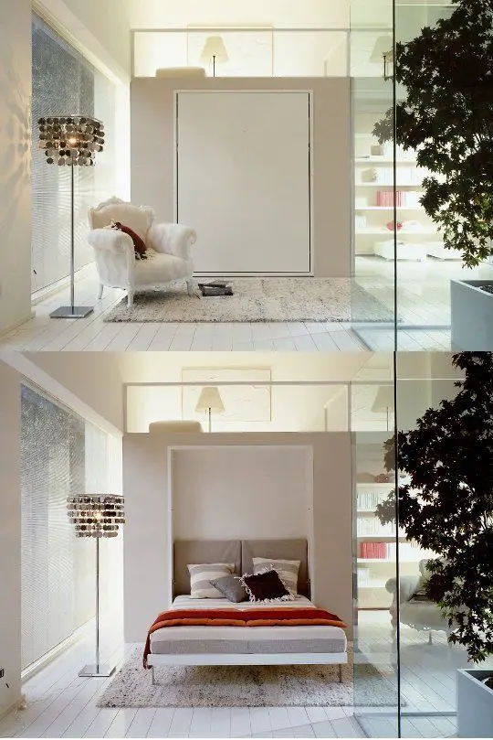This brilliant murphy bed saves room in this chic space.