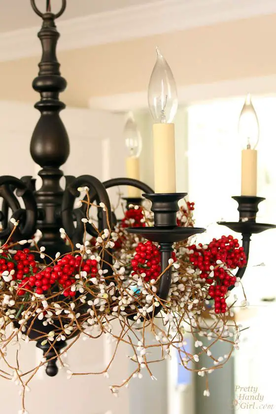 Pretty Handy Girl's Christmas Home Tour. Pinned for the chandelier color. Shape is just like my brassy one…dark bronze spray paint??? Why not!