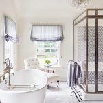 white-and-purple-bathroom-with-gray-glass-bubbles-chandelier
