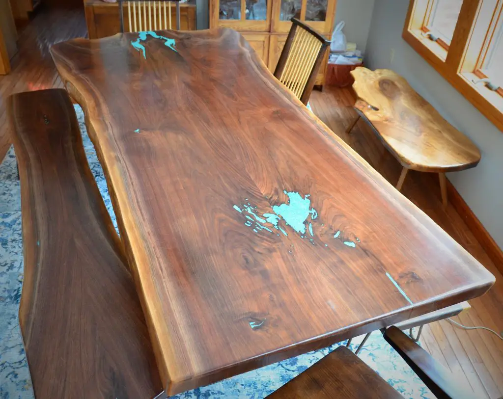image 0 image 1 image 2 image 3 image 4 image 5 image 6 image 7 Bookmatched Black Walnut Dining Room Table With Turquoise Inlay