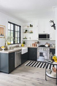 Kitchen with kitchen elements and black and white carper