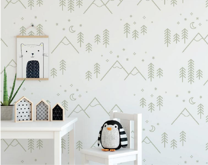 Peel and stick wallpaper in kids room with chair and penguin on it besides the table with plant ad decoration