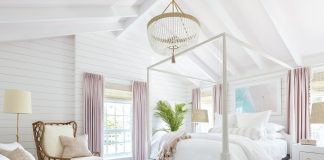 Bright designed bedroom with Retriever in the room