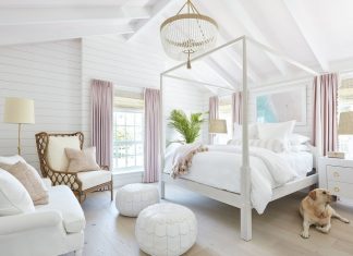 Bright designed bedroom with Retriever in the room
