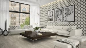 Black an white living room with wall decoration, dark coffee table and white couch
