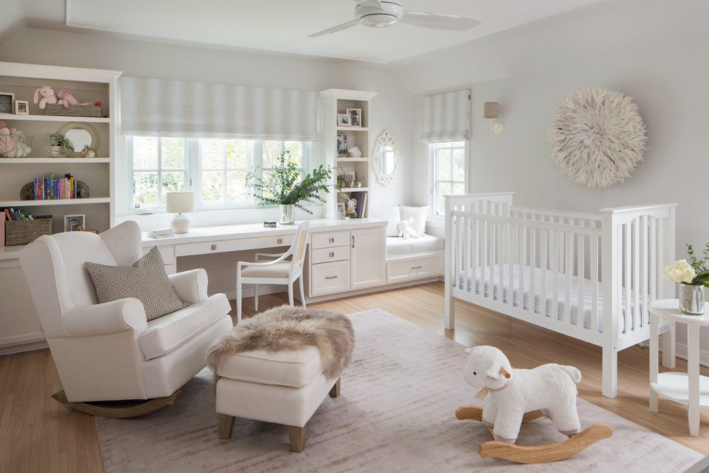 Children's room with cradle, rocking toy, armchair, table and shelfs 