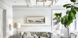 Living room with sofa, coffee table and lamps