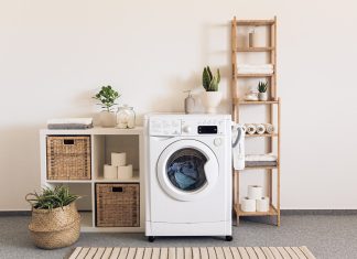 Bathroom with laundry washer