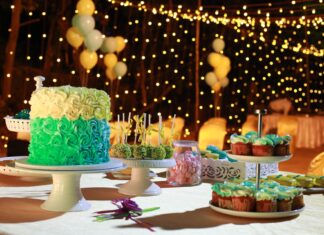 Birthday party with cake balloons and decoration