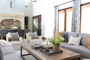 Living room with long coffee table and a sofa