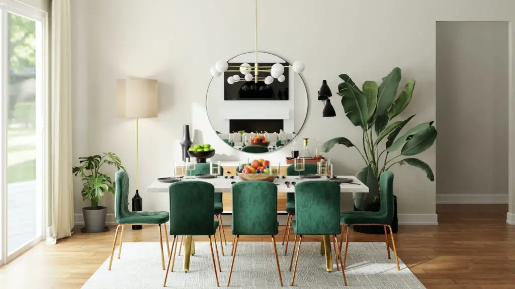 Dining room with green chairs and a table