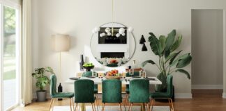Dining room with green chairs and a table