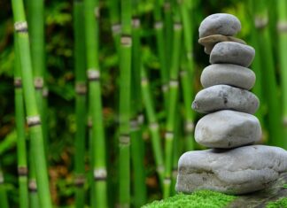 Zen stones stacked on top of each other with bamboo in the background